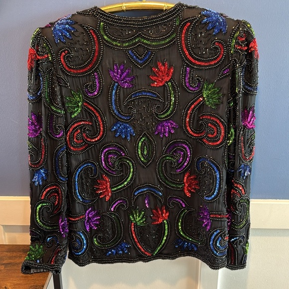 Vintage 80s Silk Sequin Beaded Long Sleeve ART DECO Jacket small India by Carina - Picture 7 of 15